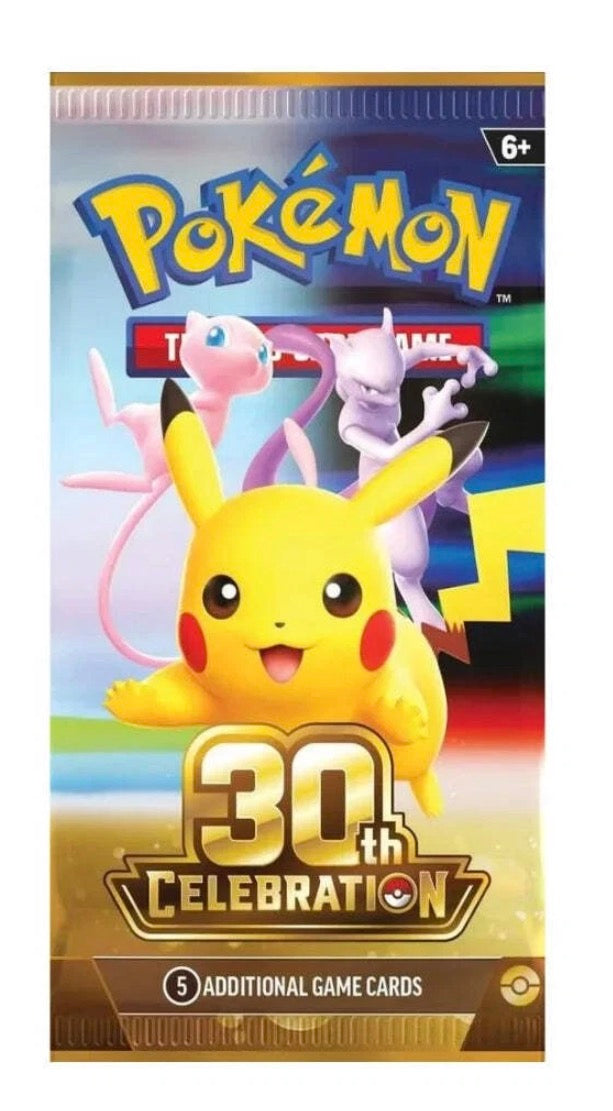 Pokémon TCG 30th Celebration English booster pack featuring Pikachu, Mew and Mewtwo