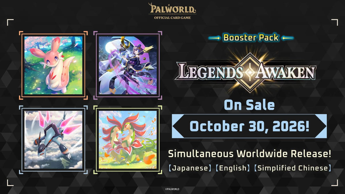 Palworld TCG Legends Awaken booster pack announcement with example card artwork, on sale 30 October 2026